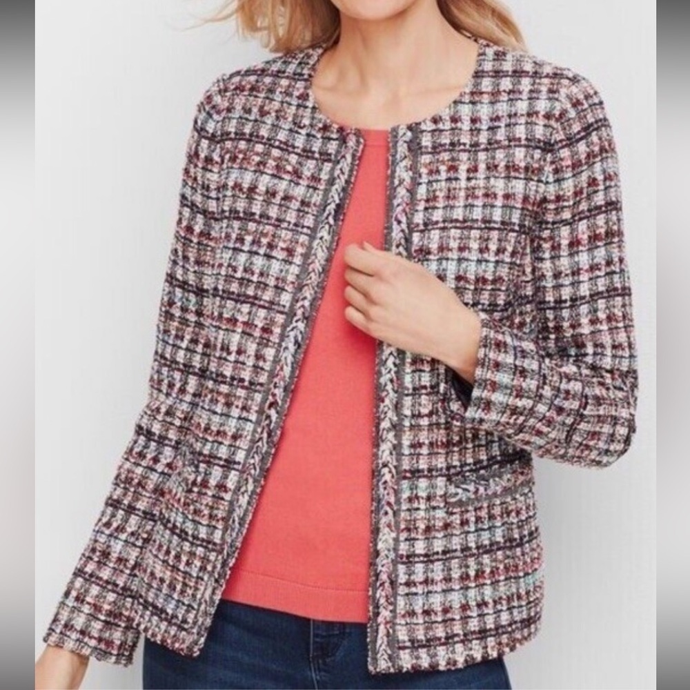 Talbots Multicolor Tweed Adele Jacket Blazer Hook and Eye Latch Front Two Pocket